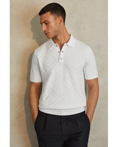 Reiss Lupton - Optic White Cotton Textured Press-stud Polo Shirt