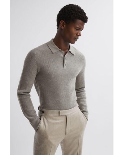 Reiss Holms - Sage Melange Wool Long Sleeve Polo Shirt, L - Grey