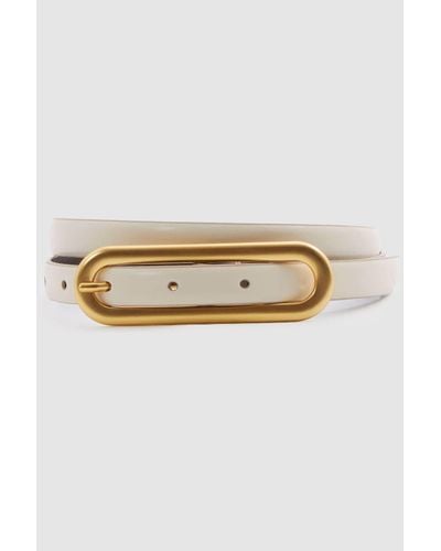 Reiss Chaya - Off White Thin Leather Elongated Buckle Belt - Natural
