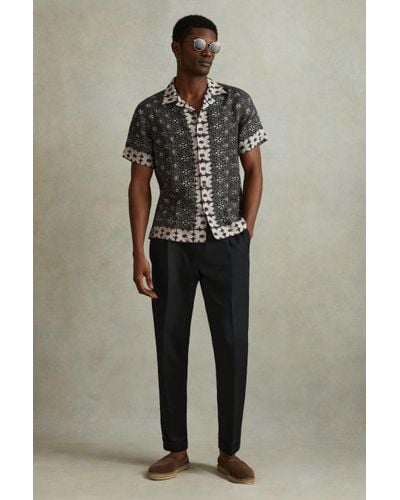 Reiss Pantain - Black Multi Linen Printed Cuban Collar Shirt - Multicolour