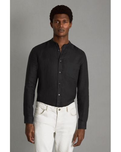 Reiss Ocean - Black Linen Grandad Collar Shirt