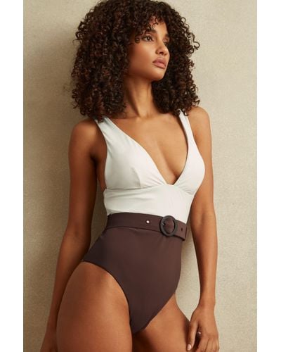 Reiss Lola - Ivory/chocolate Colourblock Belted Swimsuit - Brown