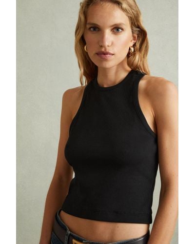 Reiss Andi - Black Ribbed Cotton Blend Cropped Vest