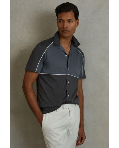 Reiss Gino - Blue Multi Mercerised Cotton Colourblock Cuban Collar Shirt - Grey