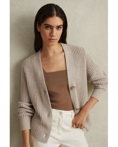 Reiss Ariana - Neutral Cotton Blend Knitted Cardigan - Brown