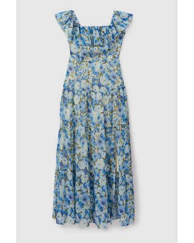 PAIGE Silk Georgette Floral Print Maxi Dress - Blue