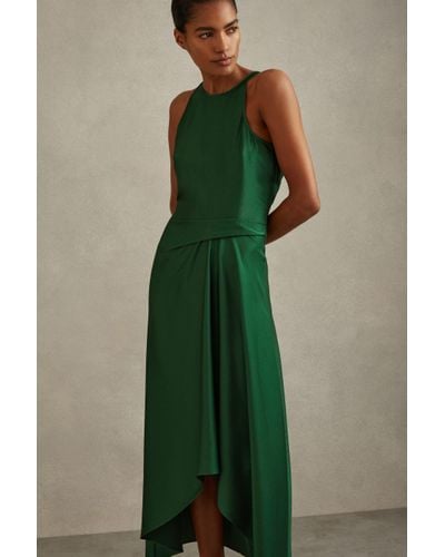 Reiss Micah - Green Satin Drape Tuck Midi Dress