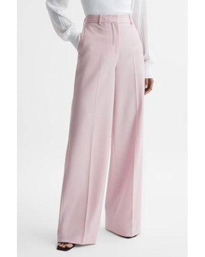 Reiss Evelyn - Pink Wool Blend Mid Rise Wide Leg Trousers