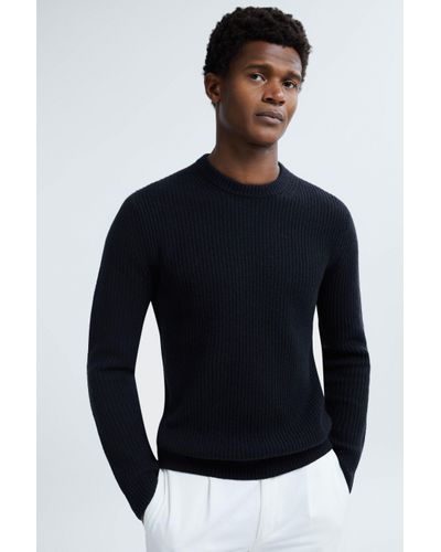 ATELIER Navy Cashmere Ribbed Crew Neck Jumper - Blue