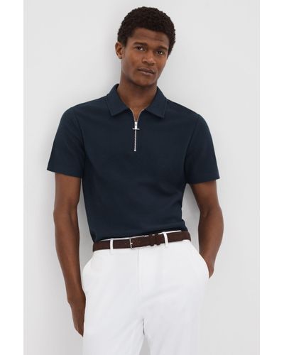 Reiss Felix - Navy Textured Cotton Half Zip Polo Shirt - Blue
