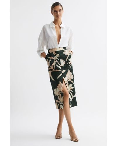 Reiss Jackson - Khaki Floral Print High Rise Midi Skirt, Us 4 - Green
