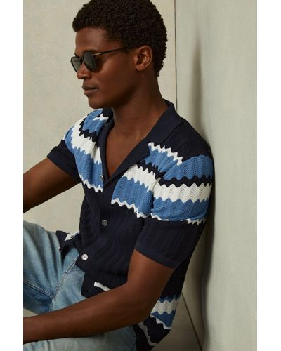 Reiss Alberz - Navy Knitted Zig-zag Cuban Collar Shirt - Blue