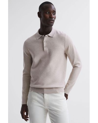 Reiss Sharp - Oatmeal Melange Long Sleeve Polo Shirt - Grey