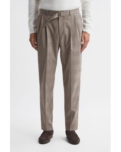 Reiss Rail - Brown Prince Of Wales Check Belted Trousers, 32