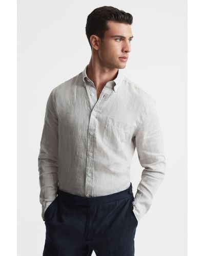 Reiss Quick - Stone Slim Fit Full Sleeve Linen Button-down Shirt - Grey