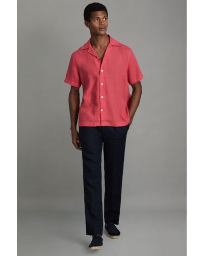 Reiss Beldi - Coral Relaxed Linen Cuban Collar Shirt, L - Red