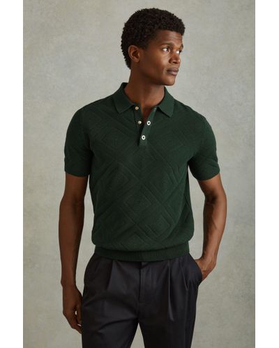 Reiss Lupton - Dark Green Cotton Textured Press-stud Polo Shirt