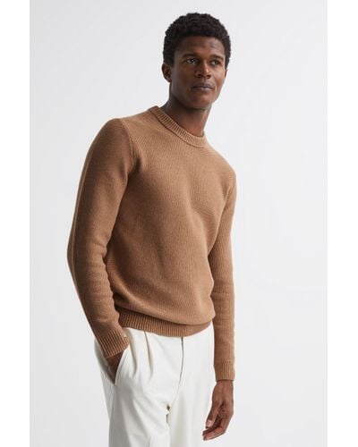 Reiss Cole - Camel Ribbed Crew Neck Jumper, Uk 2x-large - Brown