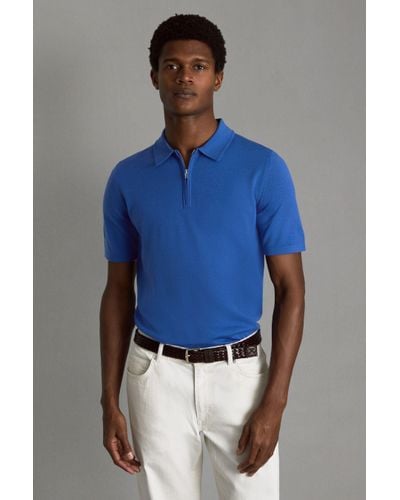 Reiss Maxwell - Lapis Blue Merino Wool Half-zip Polo Shirt