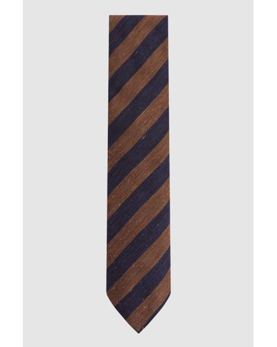 Reiss Sienna - Tobacco/navy Textured Silk Blend Striped Tie - Multicolour