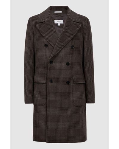 Reiss Date - Brown Wool Check Double Breasted Coat