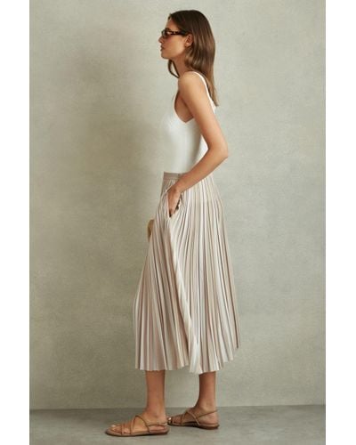 Reiss Lexie - Neutral Striped Pleated Midi Skirt - Natural