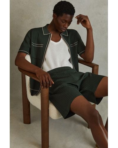 Reiss Christophe - Dark Green Ribbed Dual Zip-front Shirt, L - Brown