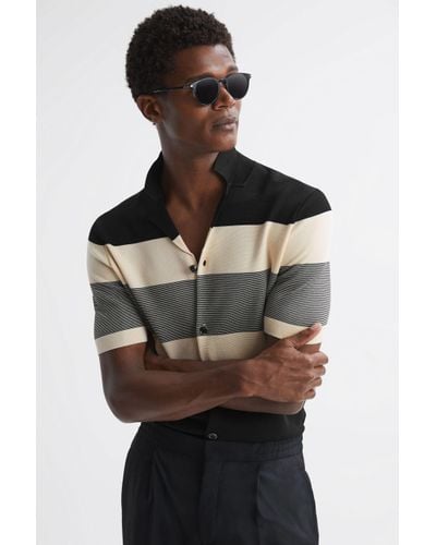 Reiss Seville - Black Striped Cuban Collar Button Through T-shirt