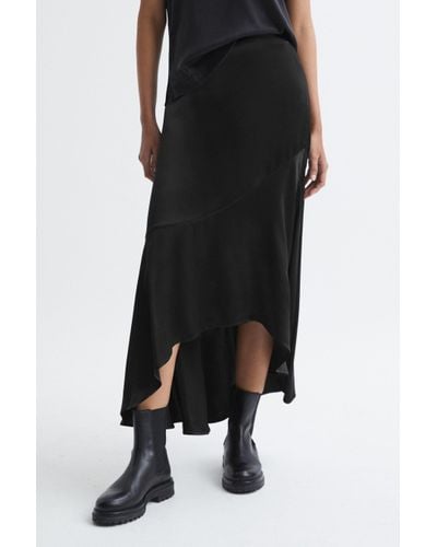 Reiss Inga - Black Satin High Rise Midi Skirt