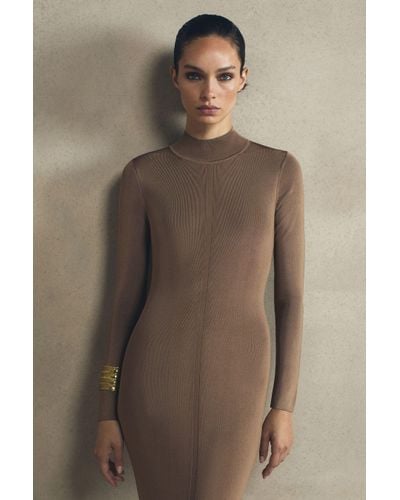 Reiss Emilia - Camel Atelier High Neck Long Sleeve Dress - Natural