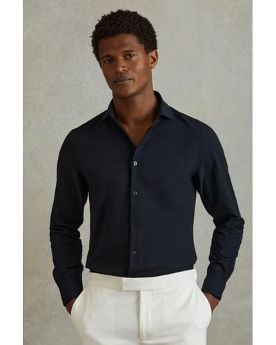 Reiss Spring - Navy Textured Cutaway Collar Shirt, L - Black