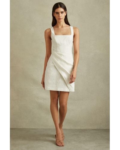 Reiss Piper - Cream Linen Pleat Detail Mini Dress - Natural