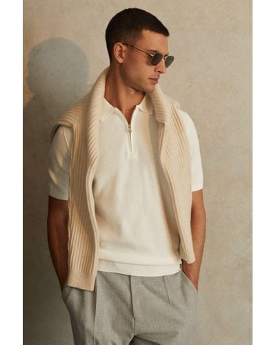 Reiss Ivor - White Textured Half-zip Polo Shirt, Xs - Natural