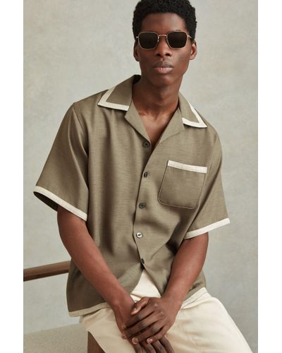 Reiss Vita - Sage/white Contrast Trim Cuban Collar Shirt, Xxl - Natural