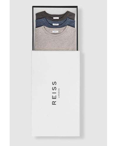 Reiss 3 - Mens Grey, Blue And Beige Cotton Multi Melange Bless Crew Neck T-shirts 3 Pack