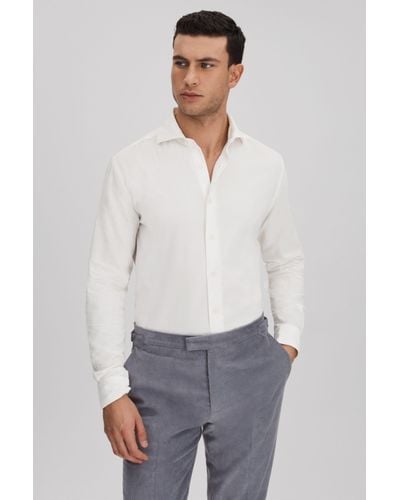 Reiss Vincy - Off White Corduroy Cutaway Collar Shirt, L - Grey