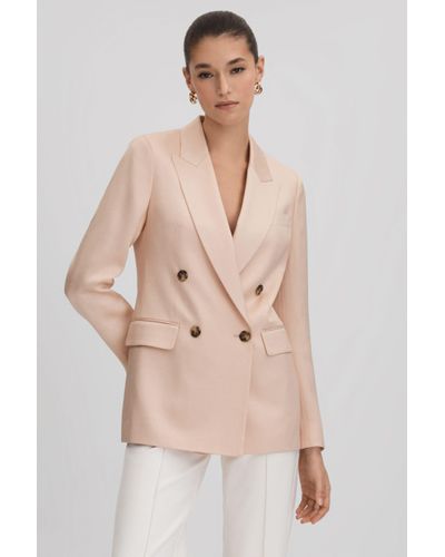 Reiss Eve - Pink Double Breasted Satin Blazer - Natural