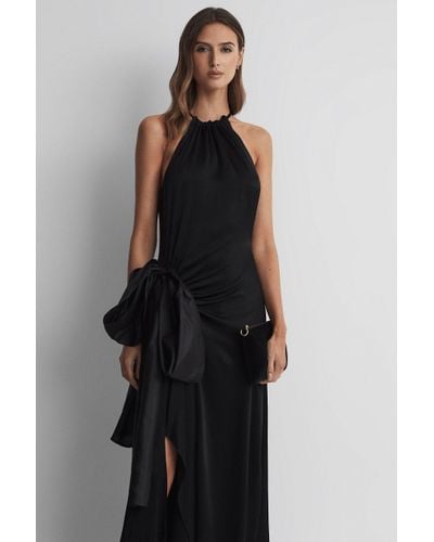 Reiss Luna - Black Satin Bow Halterneck Maxi Dress