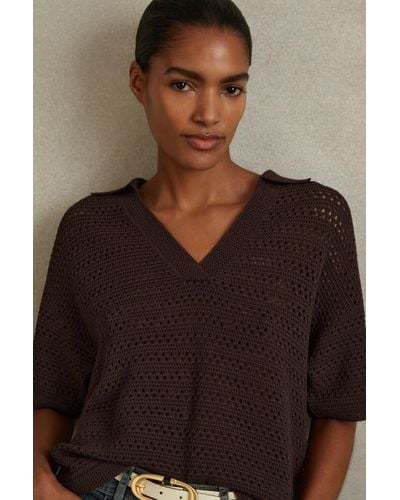 Reiss Carla - Chocolate Knitted Open-collar Polo Shirt, Xs - Brown