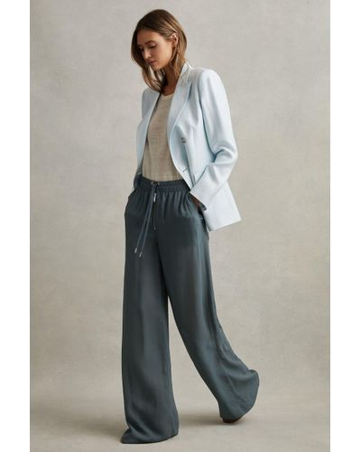 Reiss Cameilla - Blue Drawstring Zip-front Wide Leg Trousers - Grey