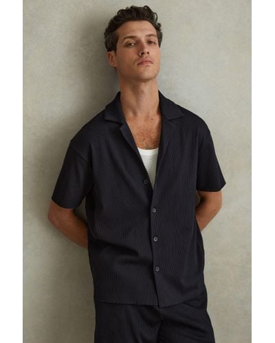 Reiss Chase - Navy Ribbed Cuban Collar Shirt, Xs - Black