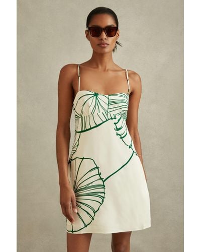 Reiss Marli - White/green Floral Sketch Removable Strap Mini Dress - Multicolour