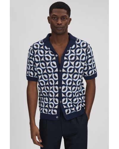 Reiss Frenchie - Navy Crochet Cuban Collar Shirt - Blue