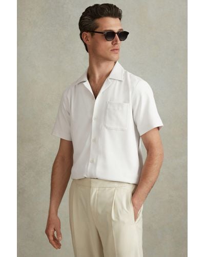 Reiss Nitus - White Herringbone Cuban Collar Shirt, S