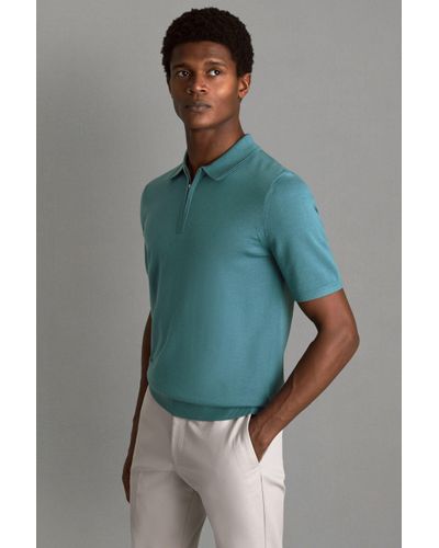 Reiss Maxwell - Ocean Green Merino Wool Half-zip Polo Shirt - Grey