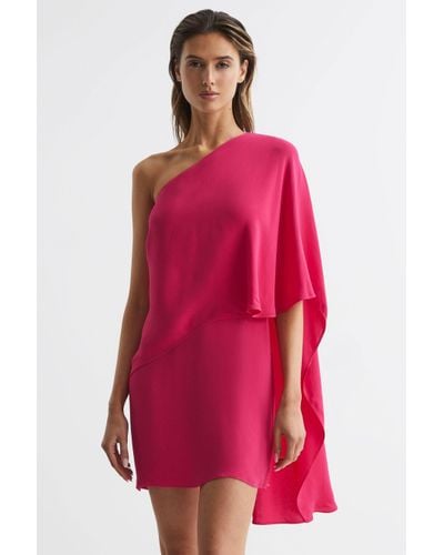 Reiss Blake - Bright Pink One Shoulder Cape Mini Dress, Us 12 - Red