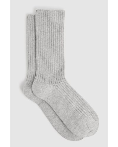 Reiss Chloe - Grey Marl Ribbed Wool Cashmere Blend Socks - White
