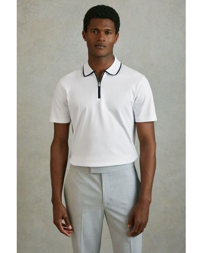 Reiss Cannes - White/navy Cotton Contrast Collar Half-zip Polo Shirt - Multicolour