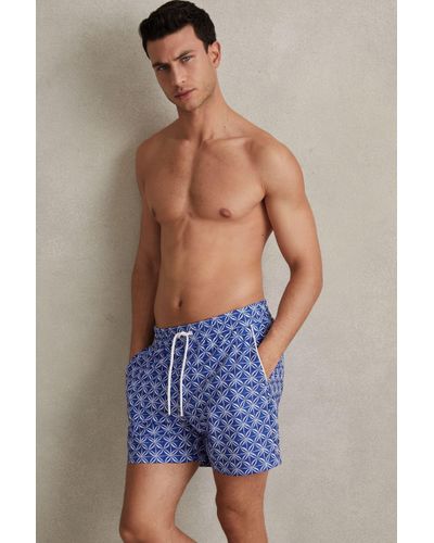 Reiss Fraser - Bright Blue/white Geometric Print Drawstring Swim Shorts