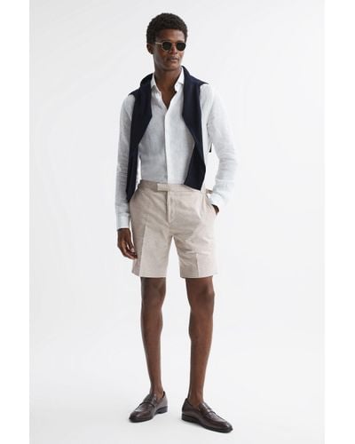 Reiss Craft - Oatmeal Slim Fit Cotton-linen Check Adjustable Shorts - Multicolour